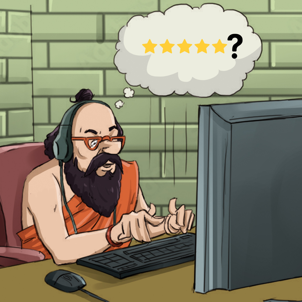an illustration of the guru character sitting at a computer reading the best house buyers customer reviews